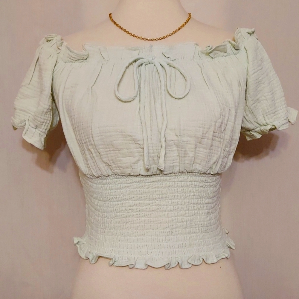 Kit+Sky Chic Light Green Off-the-shoulder Crop Top